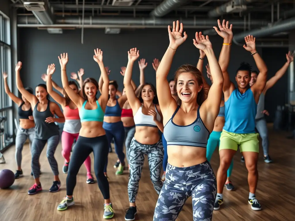 A photograph of a diverse group of ASVBD MUSCULATION members supporting and motivating each other during a group workout session, highlighting the sense of community.