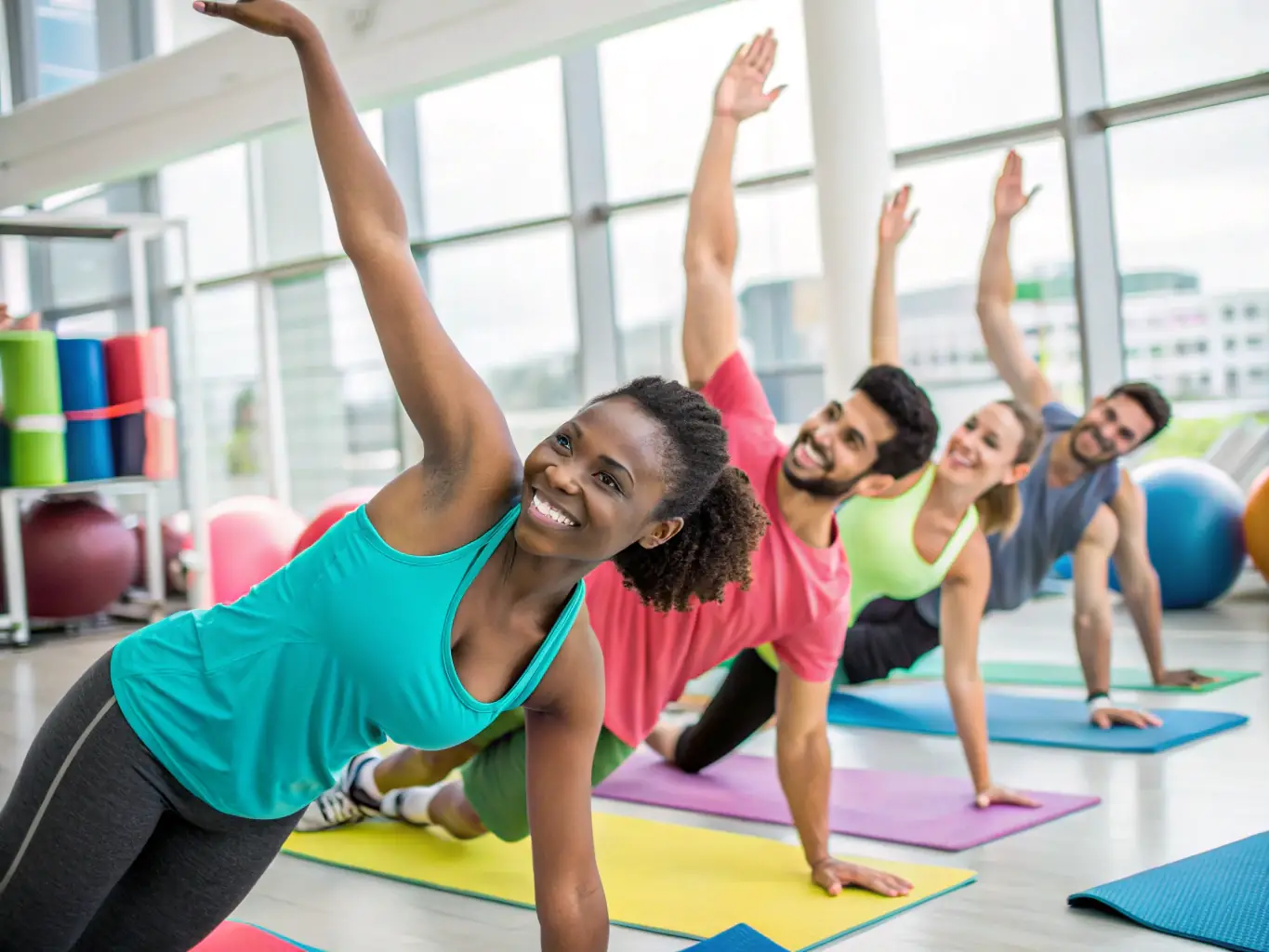 A photograph showcasing a diverse group of individuals participating in a group fitness class at ASVBD MUSCULATION, with a focus on energy and community spirit.