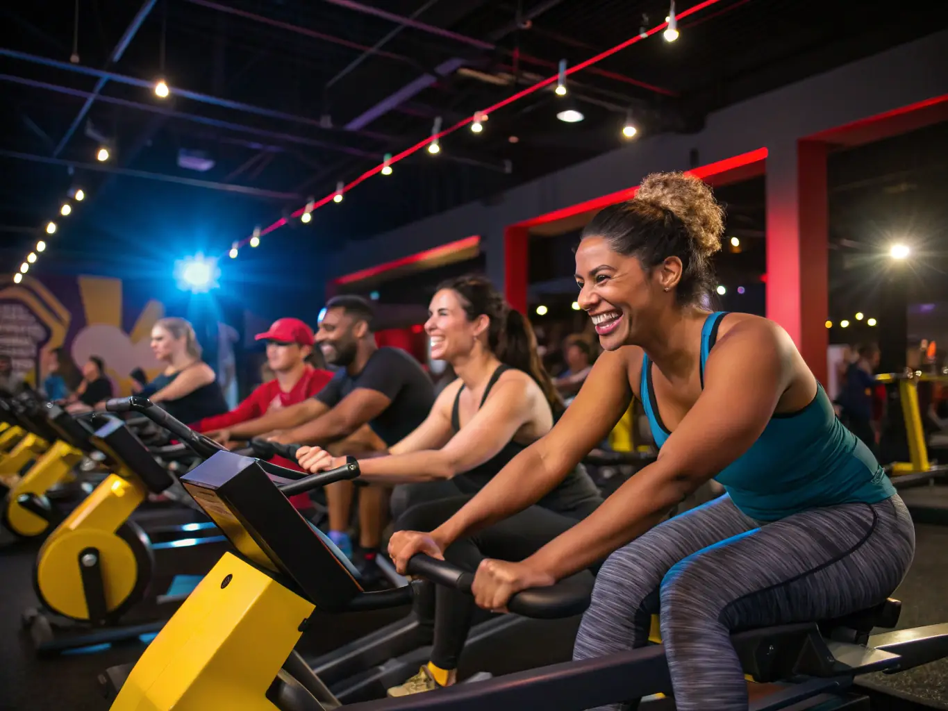 A vibrant image showcasing members of ASVBD MUSCULATION working out with state-of-the-art strength-training equipment, emphasizing the modern and well-equipped facilities.